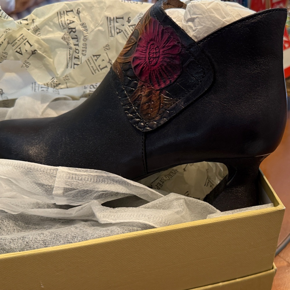 Spring Step Black and Pink Heeled Boots with Floral Detail